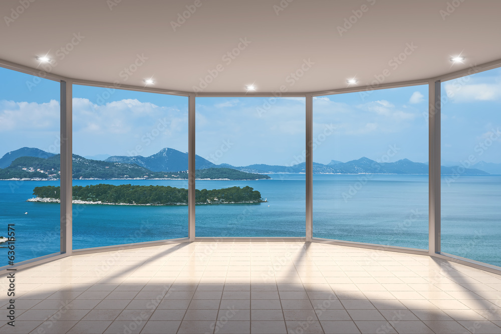 Obraz premium Empty modern lounge area with large bay window