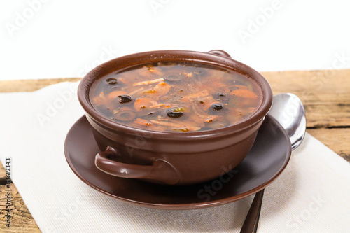 Traditional Russian meat soup with salty cucumbers