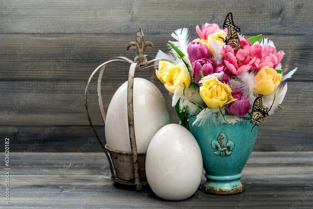 tulips, butterflies and vintage easter eggs - obrazy, fototapety, plakaty 