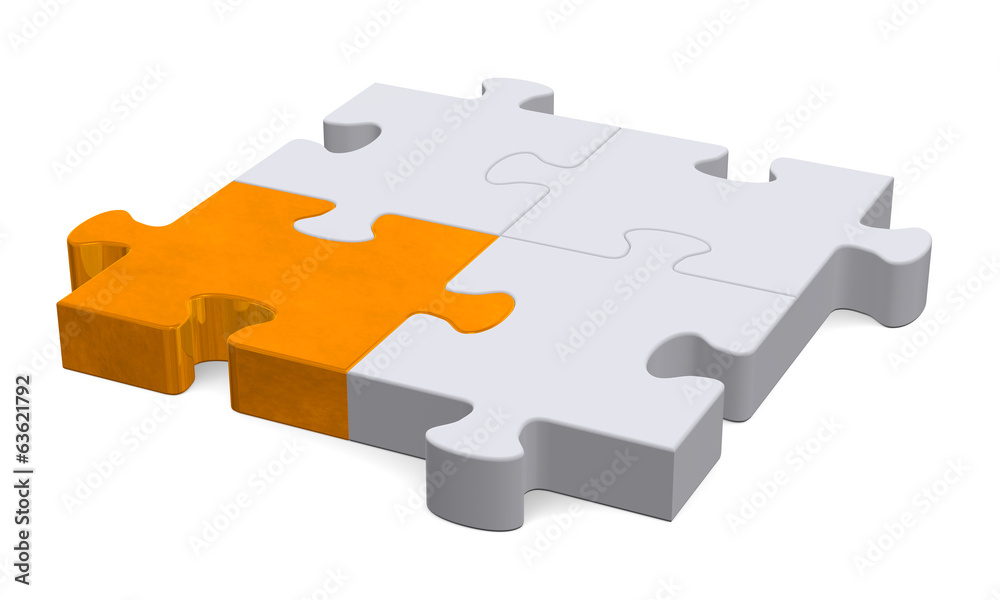 3d puzzle with one orange piece, perspective view 3d puzzle with one orange piece, perspective view
