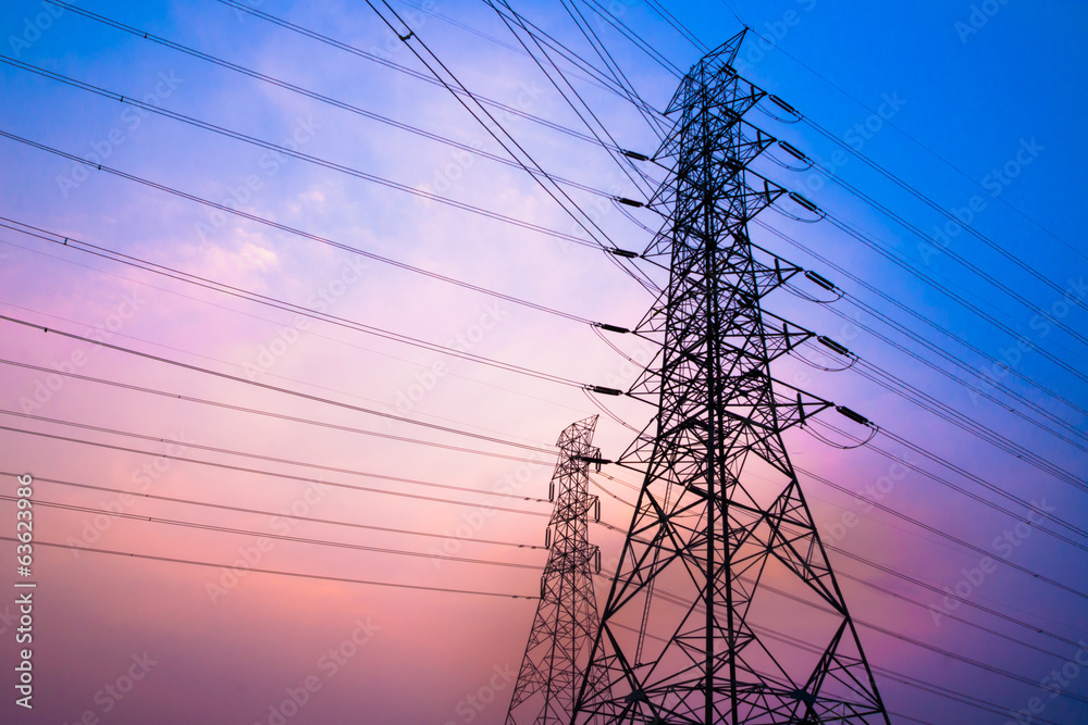 High voltage post and sky in twilight time - obrazy, fototapety, plakaty 