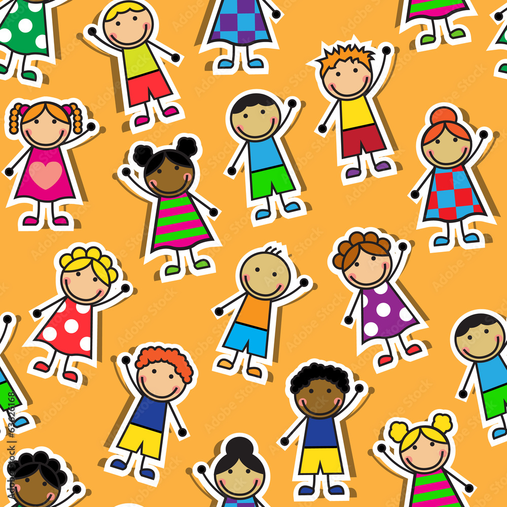 Seamless orange background with Cartoon children Seamless orange background with Cartoon children