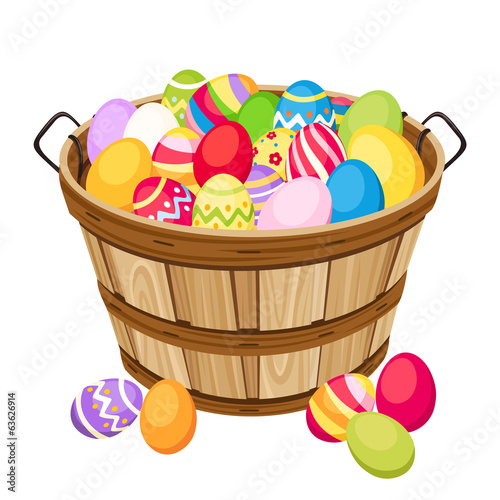 Easter colorful eggs in wooden basket. Vector illustration.