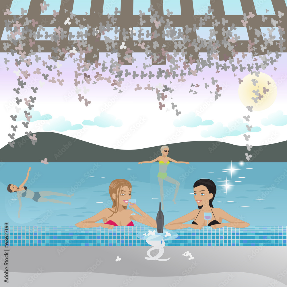 Women At Pool - Vector Illustration