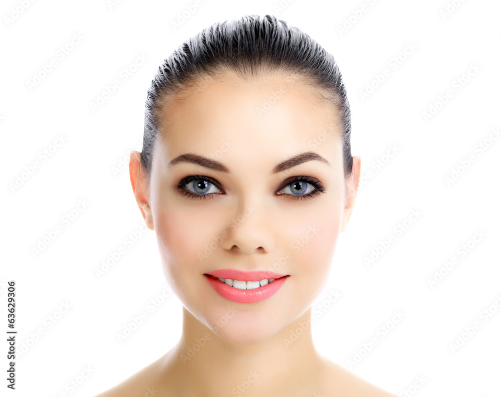 Fototapeta premium Pretty girl, white background, copyspace