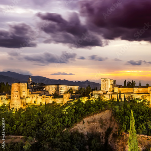 Ancient arabic fortress of Alhambra at night. Granada, Spain.