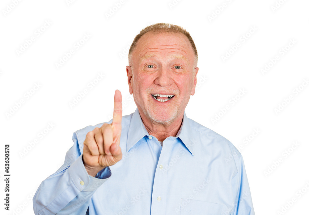 Older man pointing with one sign or up, white background Older man pointing with one sign or up, white background