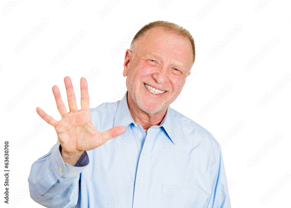 mature man making five times sign gesture with hand fingers mature man making five times sign gesture with hand fingers