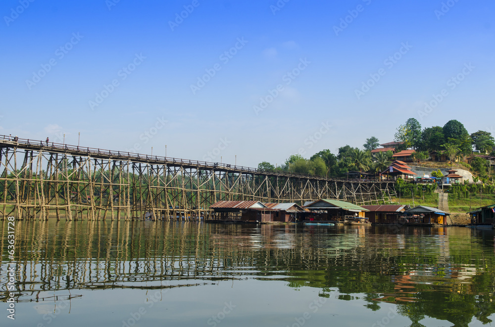 The wooden bridge is the second longest in the world. at Sangklaburi in Kanchanaburi, Thailand