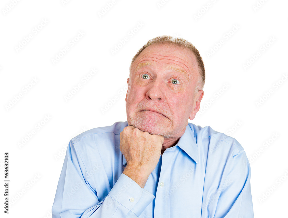Portrait , headshot sad day dreaming older man, white background Portrait , headshot sad day dreaming older man, white background