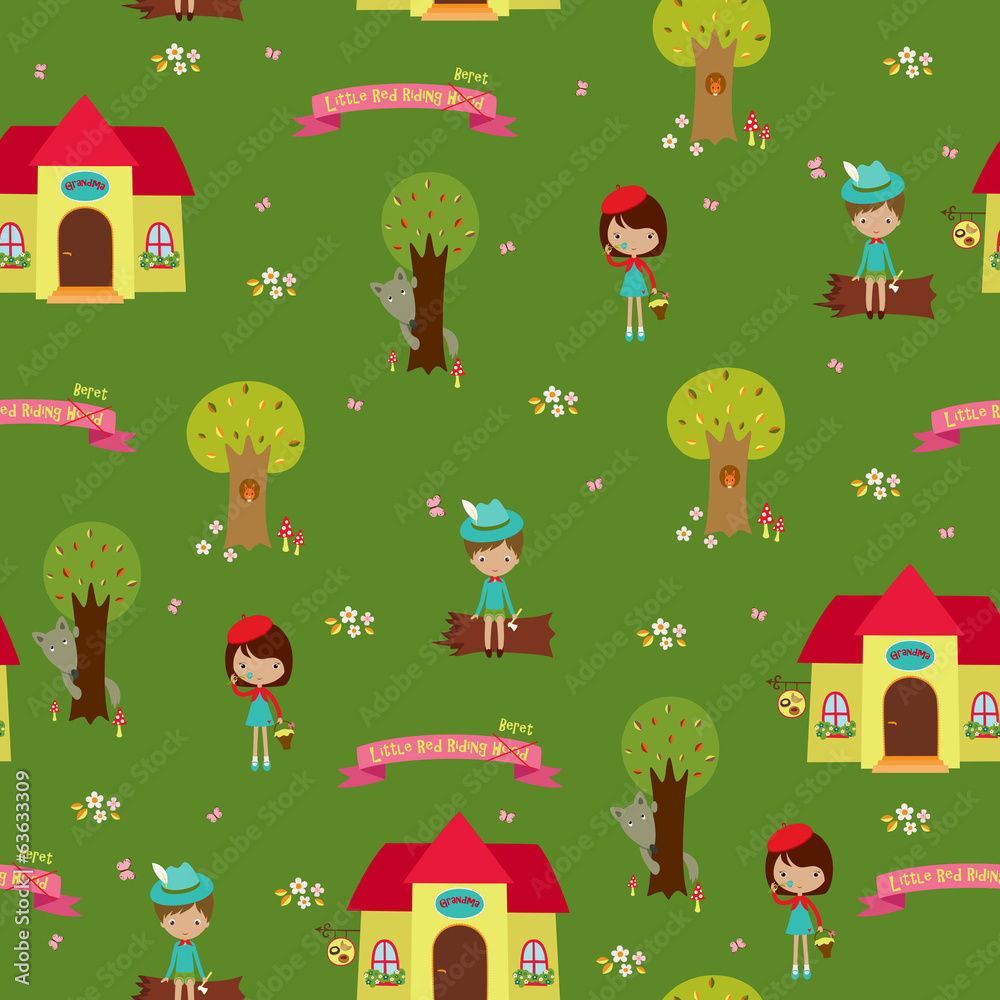 Obraz premium Seamless wallpaper design. Fairy tale Little Red Riding Hood