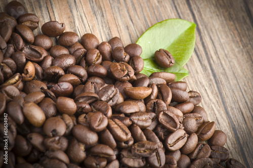 Coffee beans and leaves on the wood table