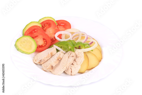 Sliced chicken fillet and vegetables.