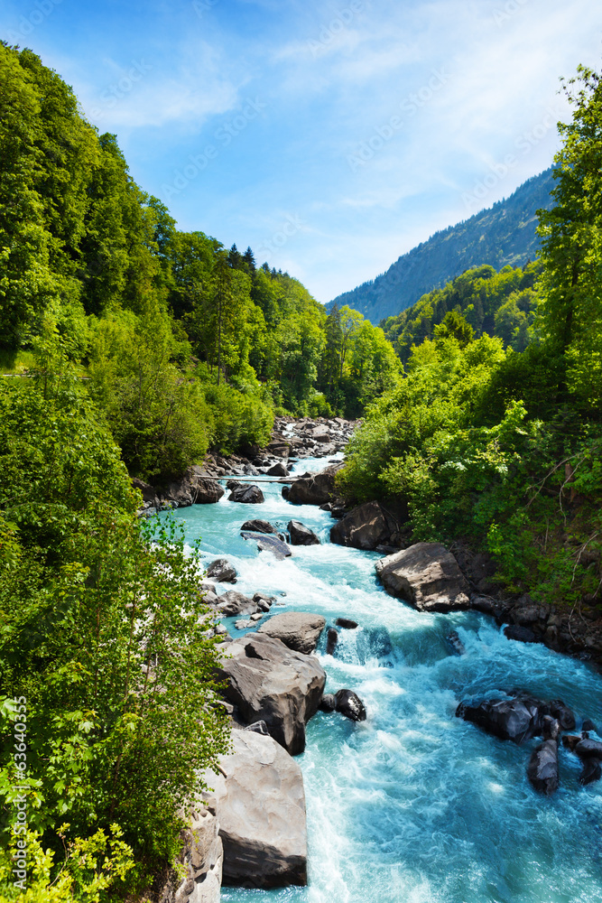 Fototapete, Tapete Vivid Swiss landscape with pure river stream bei  Europosters