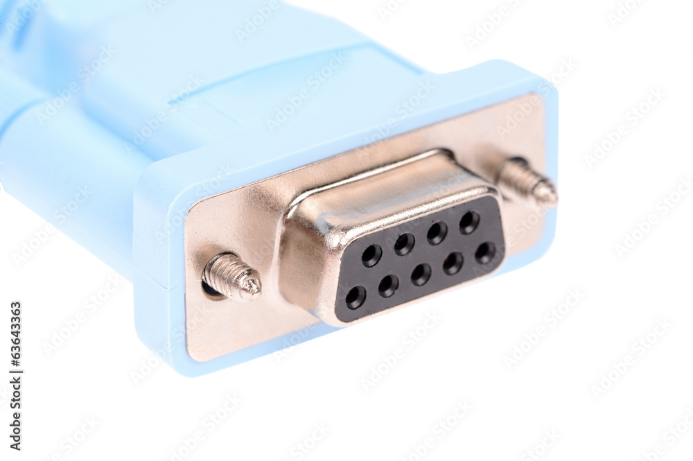 Closeup blue cable with DB9 connector (RS232/COM) isolated Closeup blue cable with DB9 connector (RS232/COM) isolated