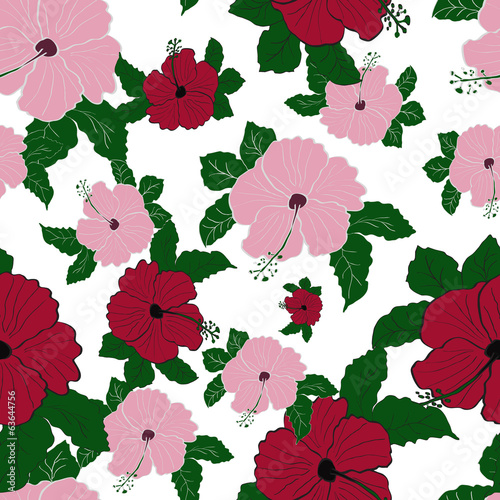 Vector flower pink hibiscus seamless pattern © spokart