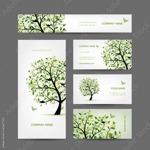 Business cards design, spring tree with birds