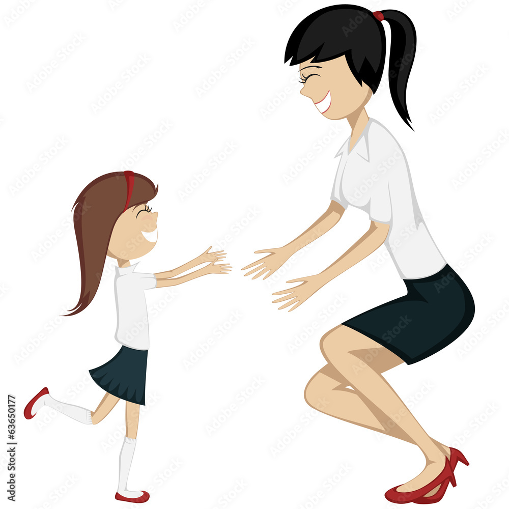 Hug Your Mom! Colorful cartoon-style brunette girl and mom. Hug Your Mom! Colorful cartoon-style brunette girl and mom.