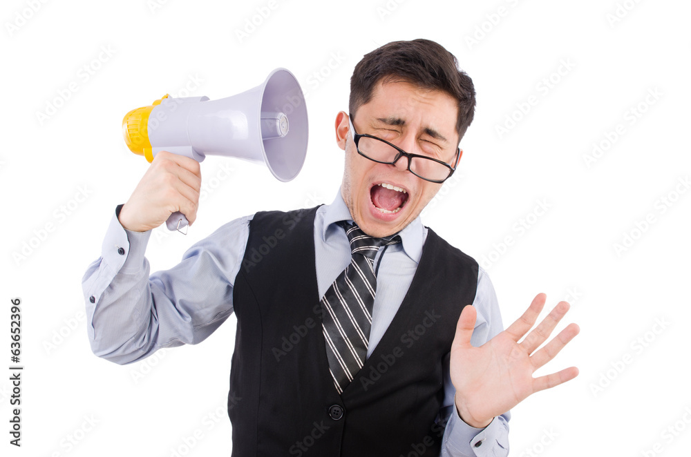 Funny man with loudspeaker on white Funny man with loudspeaker on white
