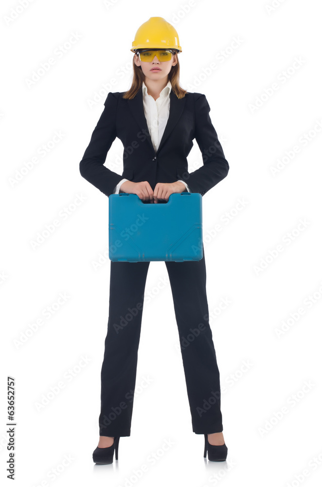 Builder woman with holdall isolated on white Builder woman with holdall isolated on white