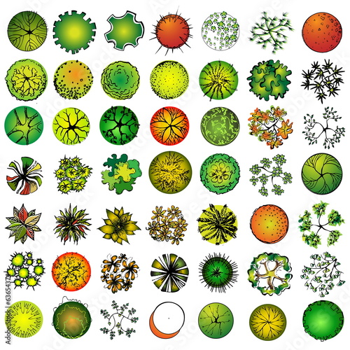 A set of treetop symbols, for architectural or landscape design