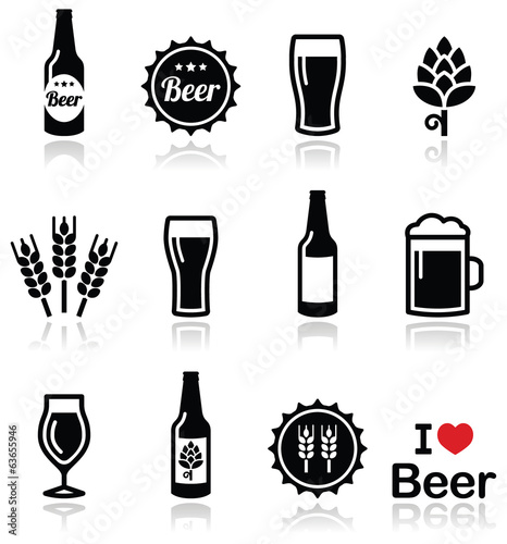 Beer vector icons set - bottle, glass, pint photo