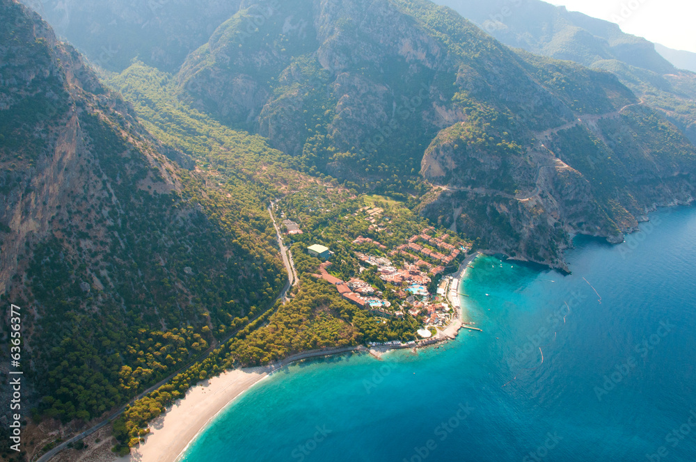 View from parachute on hotel Fethiye, Turkey.