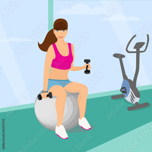 Beautiful woman exercising with two dumbbell weights sitting on