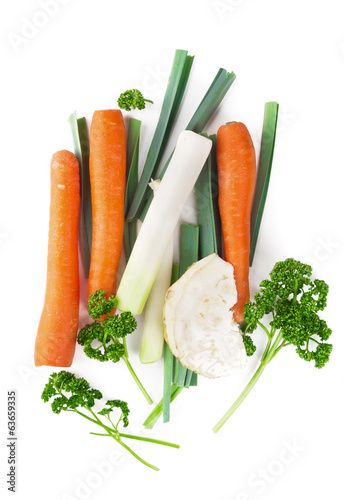 Ingredients for vegetable broth, carrots, leeks,celery,parsley