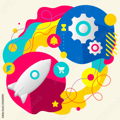 Rocket and gears on abstract colorful splashes background with d