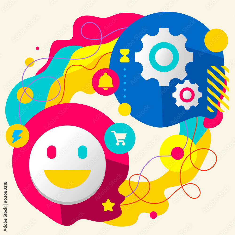 Smile and gears on abstract colorful splashes background with di Smile and gears on abstract colorful splashes background with di