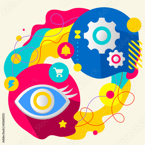 Eye and gears on abstract colorful splashes background with diff
