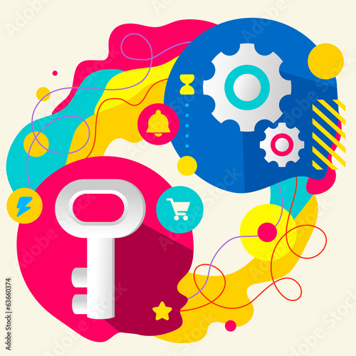 Key and gears on abstract colorful splashes background with diff
