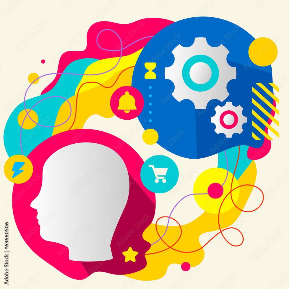 Human head and gears on abstract colorful splashes background wi Human head and gears on abstract colorful splashes background wi