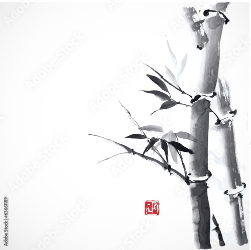 Card with bamboo and decorative red stamp. Traditional Japanese ink painting sumi-e.
