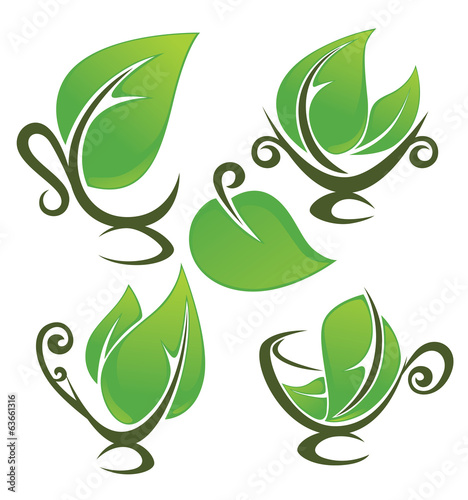 vector collection of natural drinks and fresh green leaves