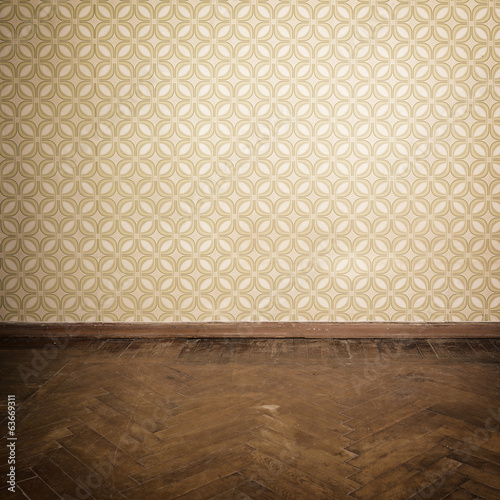 Vintage room, empty retro apartment with old fashioned wallpaper