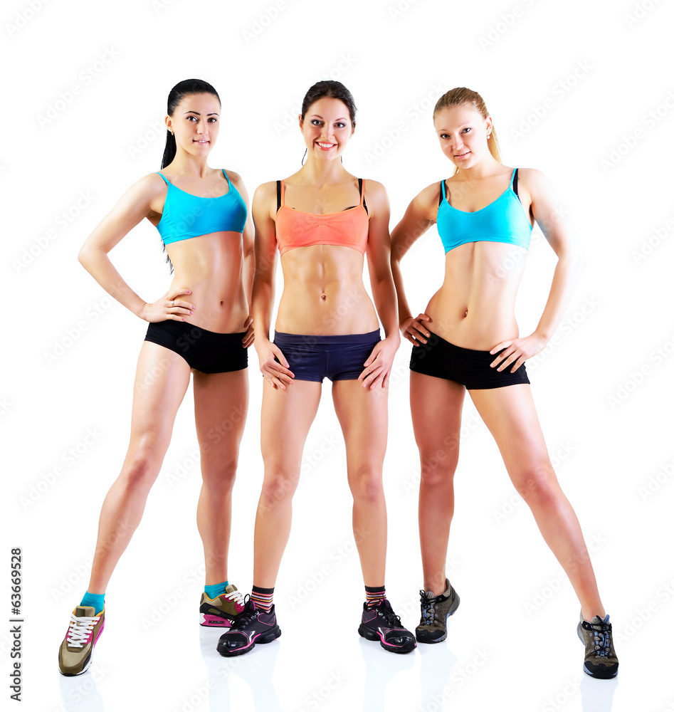 happy smiling fitness girls, full length portrait sport young wo happy smiling fitness girls, full length portrait sport young wo