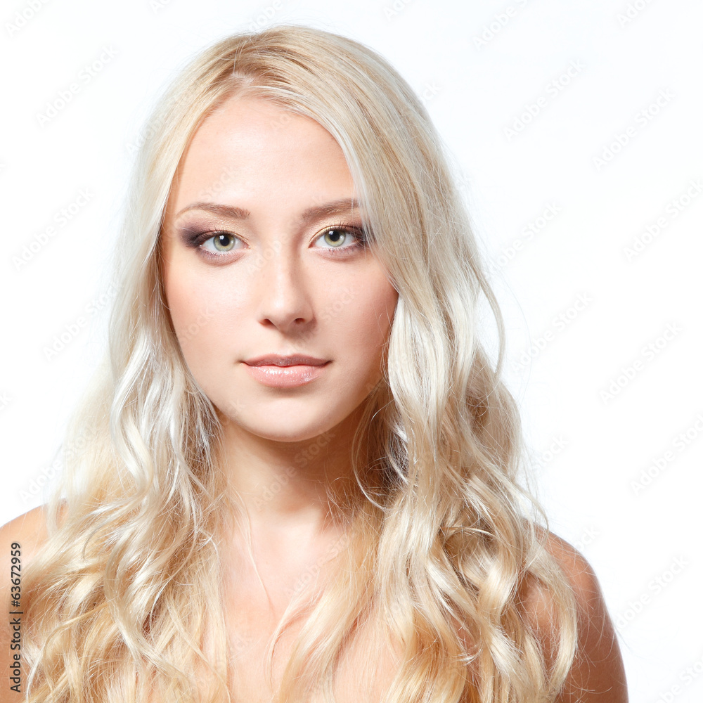 Beauty portrait of young happy smiling blonde girl. Isolated on Beauty portrait of young happy smiling blonde girl. Isolated on