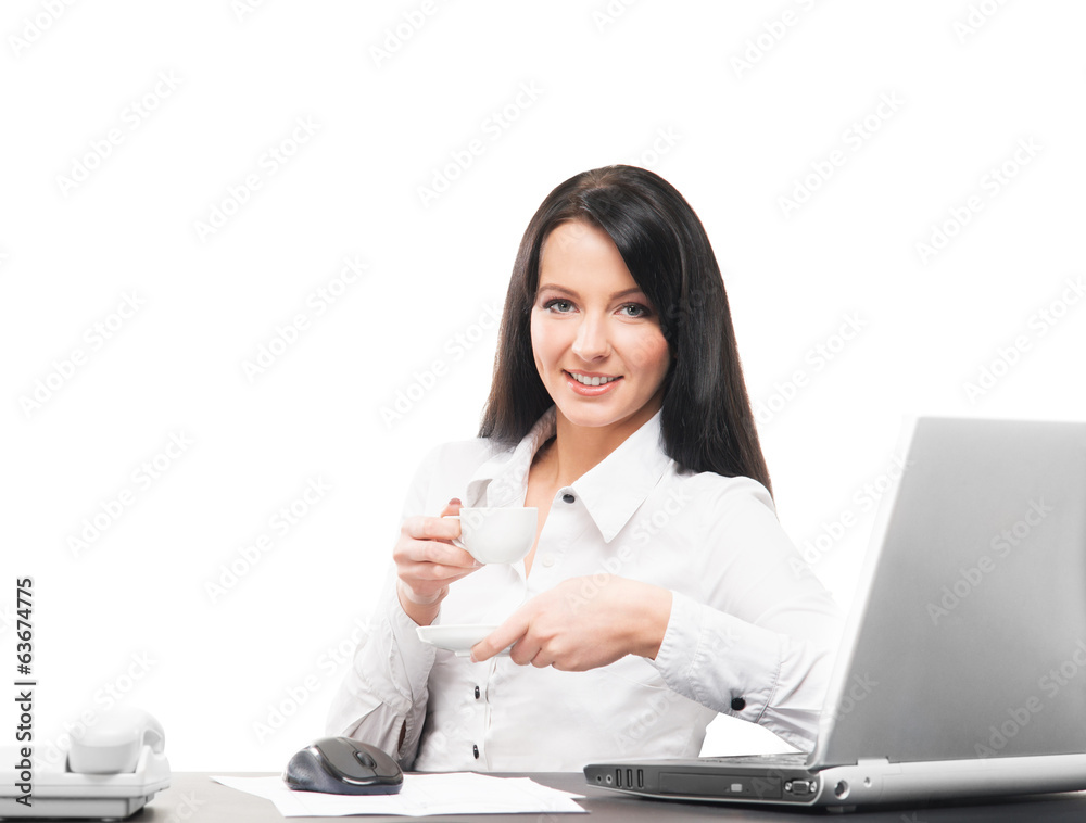 A businesswoman working in an office isolated on white A businesswoman working in an office isolated on white