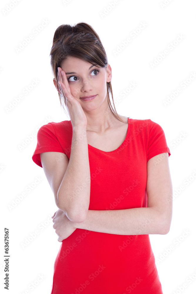 Frau erstaunt - junges Mädchen überlegt - rotes Shirt Frau erstaunt - junges Mädchen überlegt - rotes Shirt