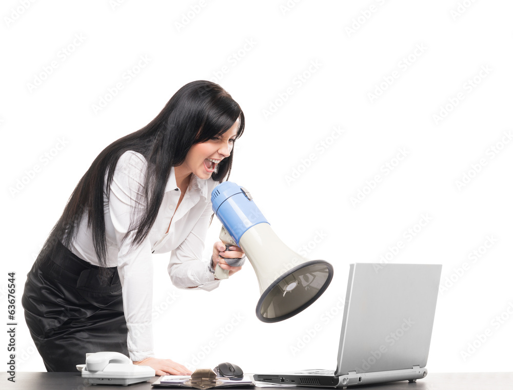 Angry and furious businesswoman screaming isolated on white Angry and furious businesswoman screaming isolated on white