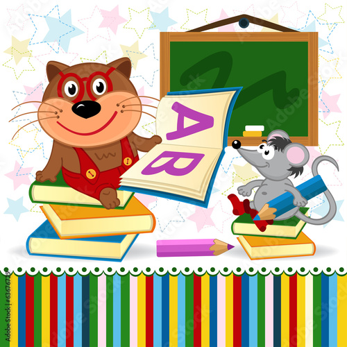 cat mouse in school - vector illustration