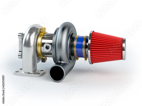 Assembled turbocharger sistem with air filter isolated on white