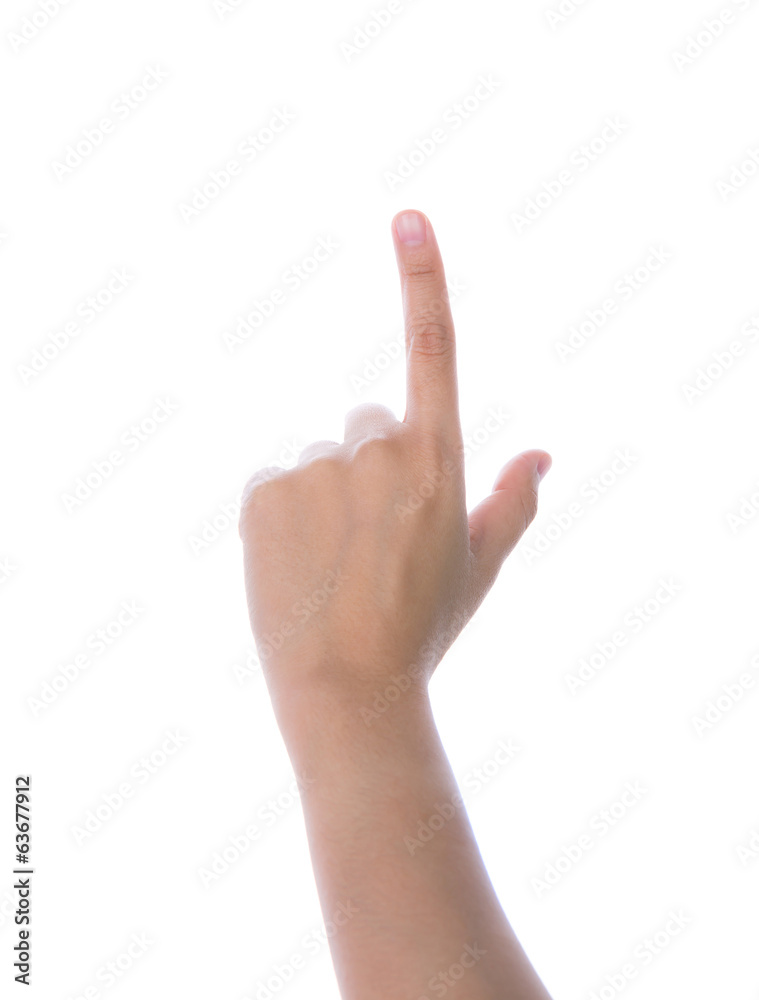 Hand pointing down touching or pressing isolated on white backgr Hand pointing down touching or pressing isolated on white backgr