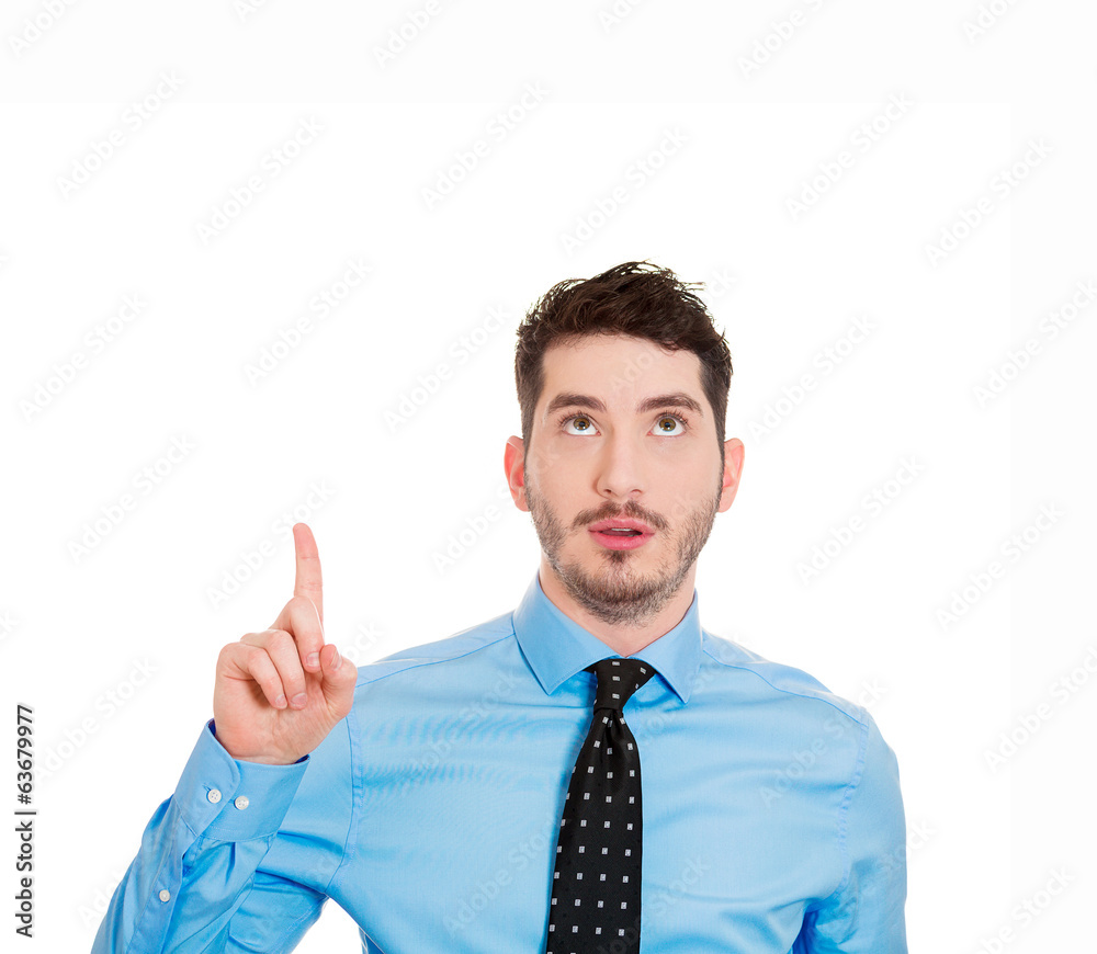 Pointing, looking up, man came up with idea, white background 