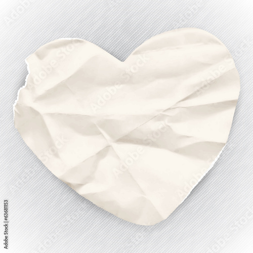 Old crumpled paper for notes, paper banner in the shape of heart