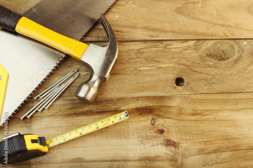 Tools on wood. Copy space