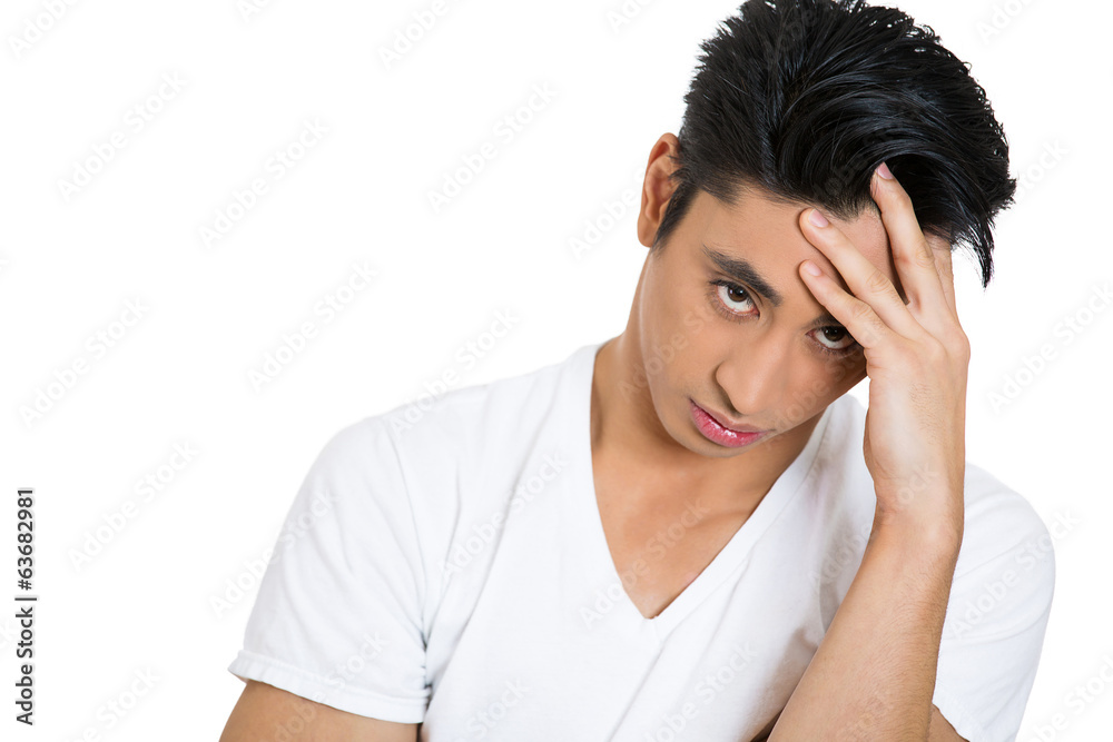 Headshot depressed Sad man, isolated on white background Headshot depressed Sad man, isolated on white background