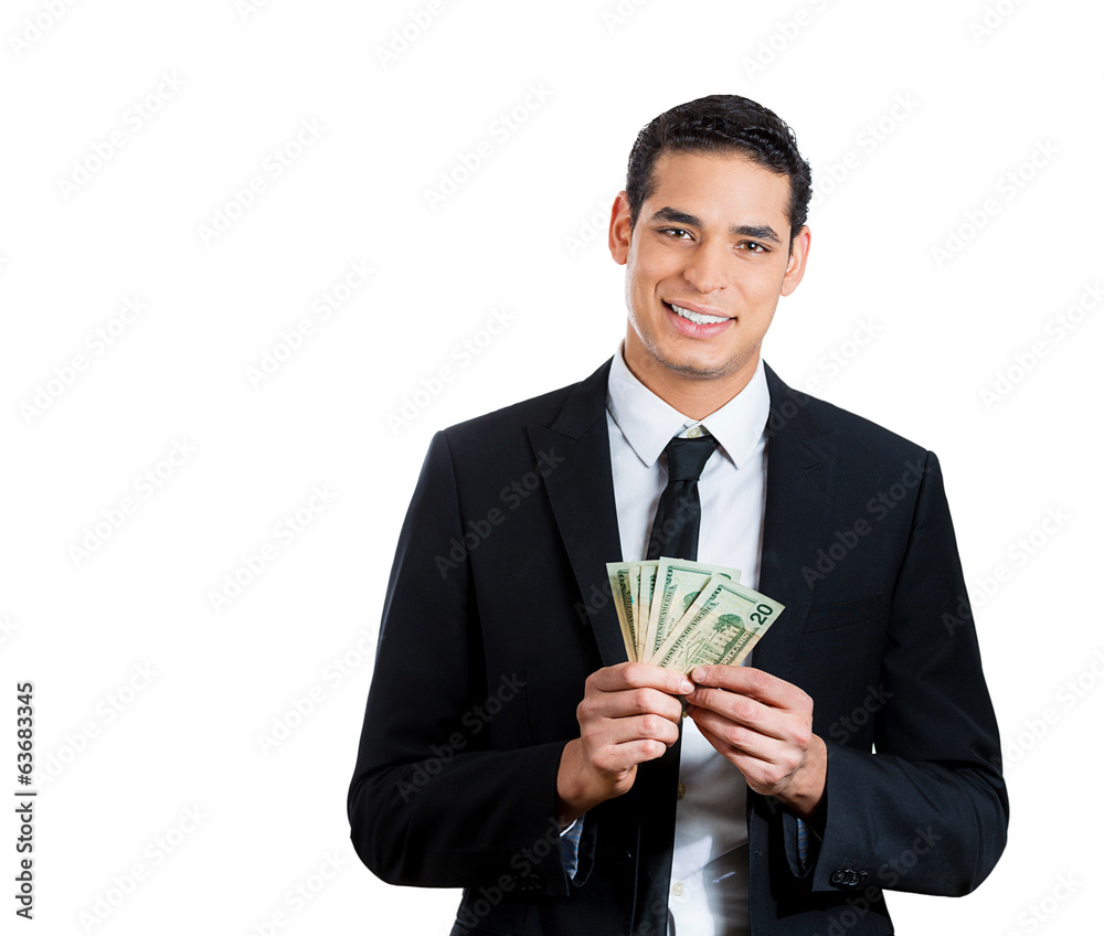 Happy guy holding dollar bills cash on white background Happy guy holding dollar bills cash on white background